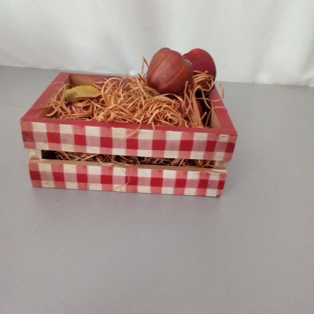 Miniature Red Gingham Wooden Crate with Faux Apples Farmhouse Decor 4.5 Inch